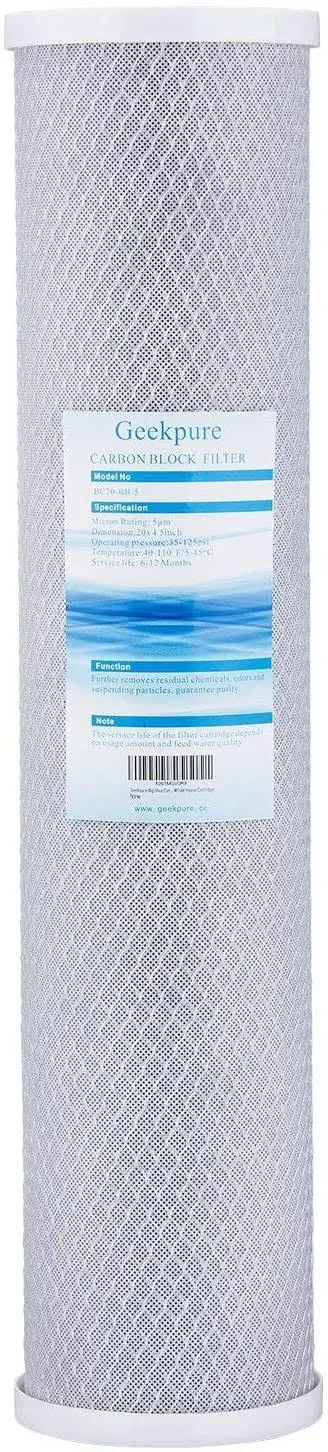 Geekpure 20 inch Carbon Block Water Filter Remove Chlorine Taste Odors for Whole House Filtration- 4.5 inch x 20 inch -5 Micron