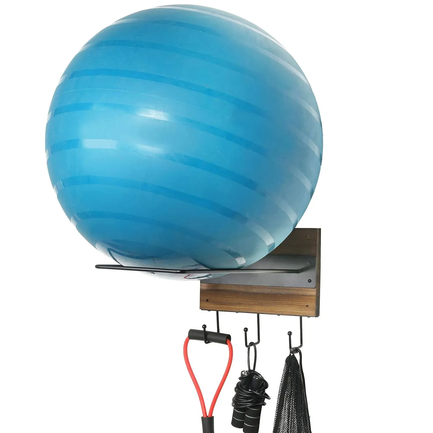 Wood and Metal Exercise Ball Organizer w/ 3 Bottom Storage Hooks, Ball Holder  | eBay