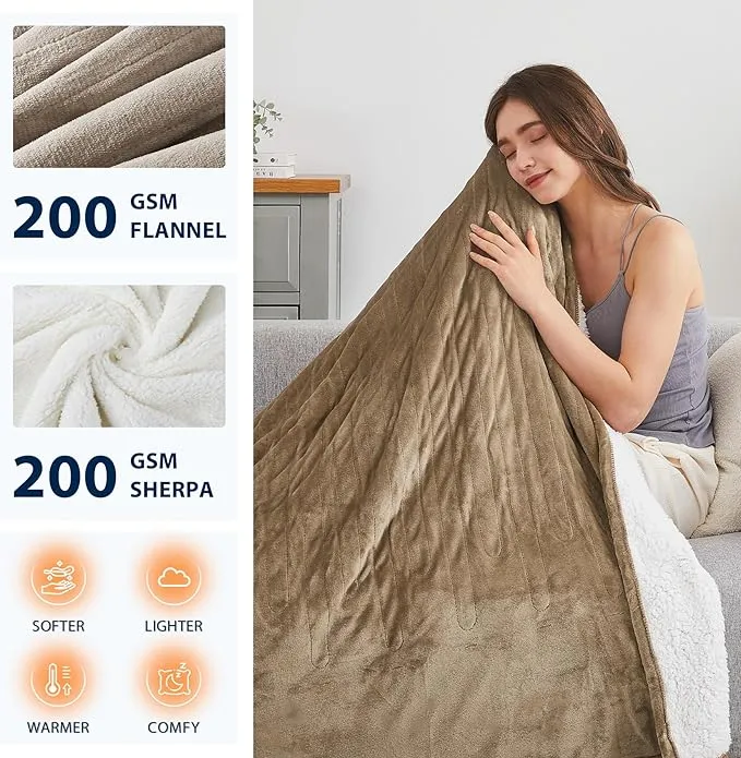 Homemate Heated Blanket Electric Throw - 100&quot;x90&quot; Heating Blanket Throw 1/2/4/6/8 Hour Auto-off 10 Heat Level Heat Blanket Over-heat Protection Flannel Sherpa Heater Blanket Electric ETL Certification