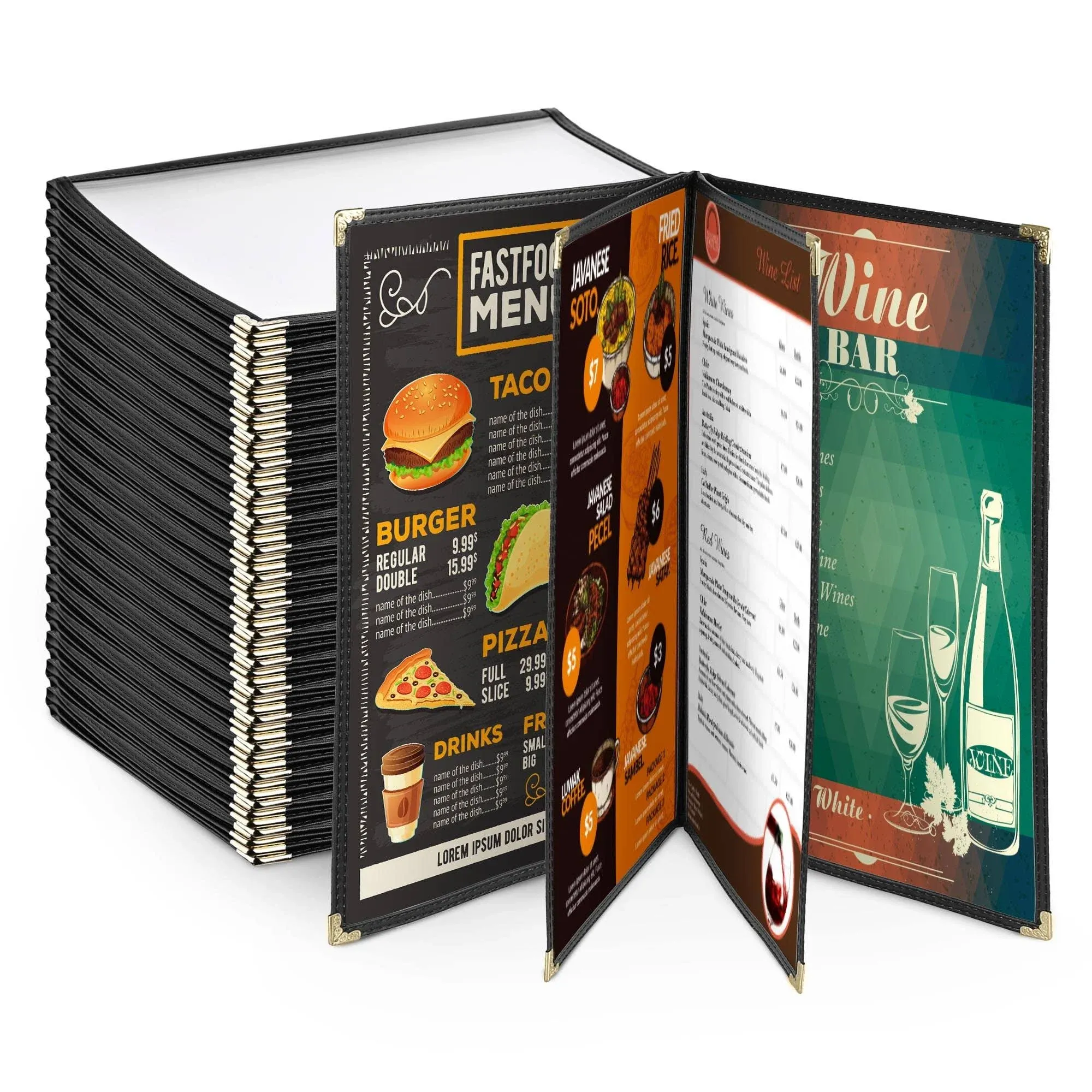 Yescom 20 Pack 8.5"x14" 4 Page 8 View Menu Covers Black Trim Legal Size Restaurant Cafe