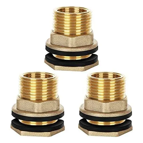 3 Pack Brass Bulkhead Fitting, 1" Female 1-1/4" Male Garden Hose Straight Threaded with Rubber Ring, Water Tank Connector Threaded Bulkhead Fitting for Aquariums Tubs Pools Spigot Rain Barrels