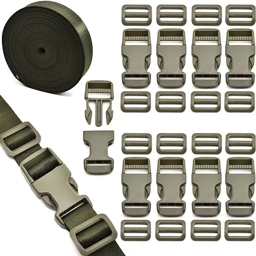 1 inch Buckles Straps Set with 10 Yards Nylon Webbing Strap,10 pcs Quick Side Release Plastic Buckle, 20 pcs Tri-glide Slide Clip for Luggage Strap, Backpack Replacement (Army Green)