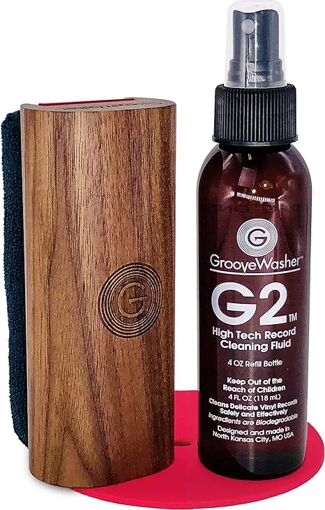 GrooveWasher Vinyl Record Cleaning Kit – Handcrafted Walnut Handle with Scratch-Free Microfiber Pad, Essential LP Care System Includes G2 Cleaning Fluid Spray + Bonus, Erase Fingerprint Oils & Dirt