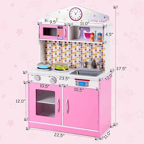 Costzon Kids Kitchen Playset, Wooden Pretend Chef Cooking Toy Kitchen with Realistic Sound, Microwave, Sink, Cookware Accessories, Pink Play Kitchen for Toddlers, Girls, Gift for Ages 3+