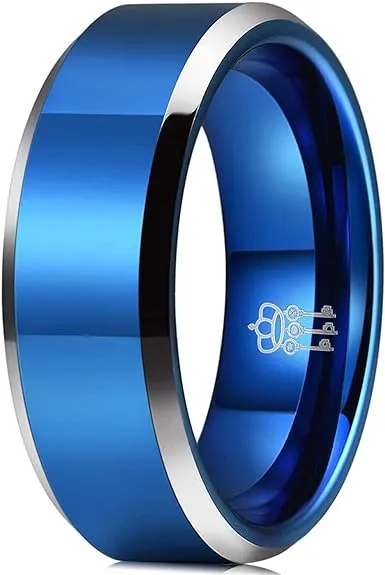 THREE KEYS JEWELRY 8mm Blue Tungsten Wedding Band Brushed Polished Wedding Band