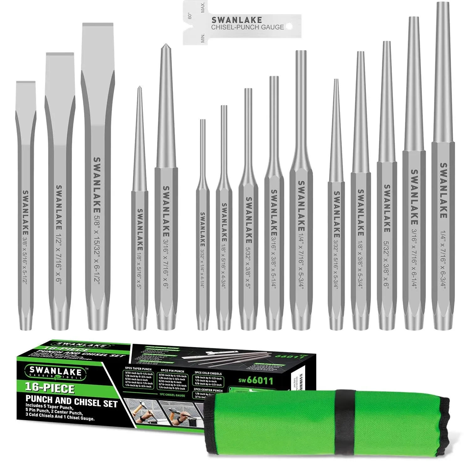 SWANLAKE 16-Piece Punch and Chisel Set, Including Taper Punch, Cold Chisels, Pin ...