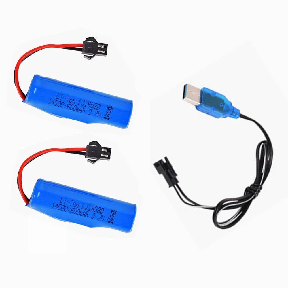 2 Pack 3.7V 600mAh Li-Ion Rechargeable Battery 1450cell with USB Charger Cable ...