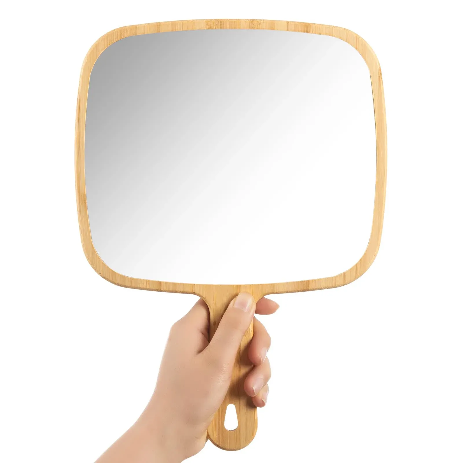 YEAKE Hand Mirror,Extra Large Natural Bamboo Handheld Mirror with Handle, Single-Sided Portable Travel Vanity Mirror for Men & Women,8.9" W x 12.4" L