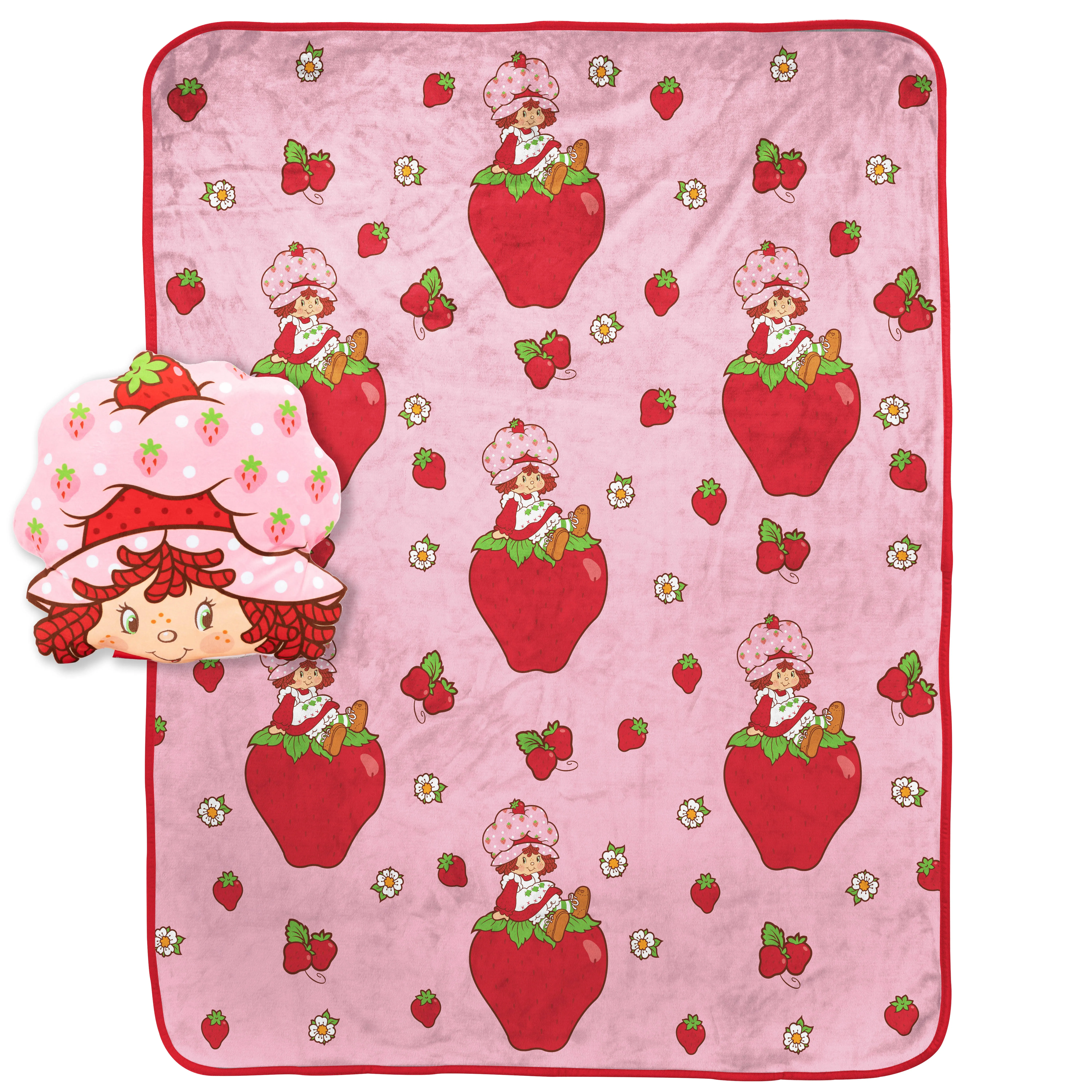 Strawberry Shortcake Pink Strawberries Galore Nogginz Set - 40 x 50 Inch Blanket & Pillow, Kids Super Soft 2 Piece Set