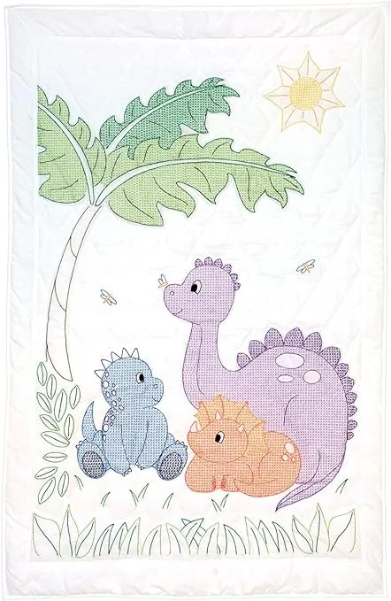 Jack Dempsey Needle Art - Dinosaurs Crib Quilt Top,white,40" x 60"