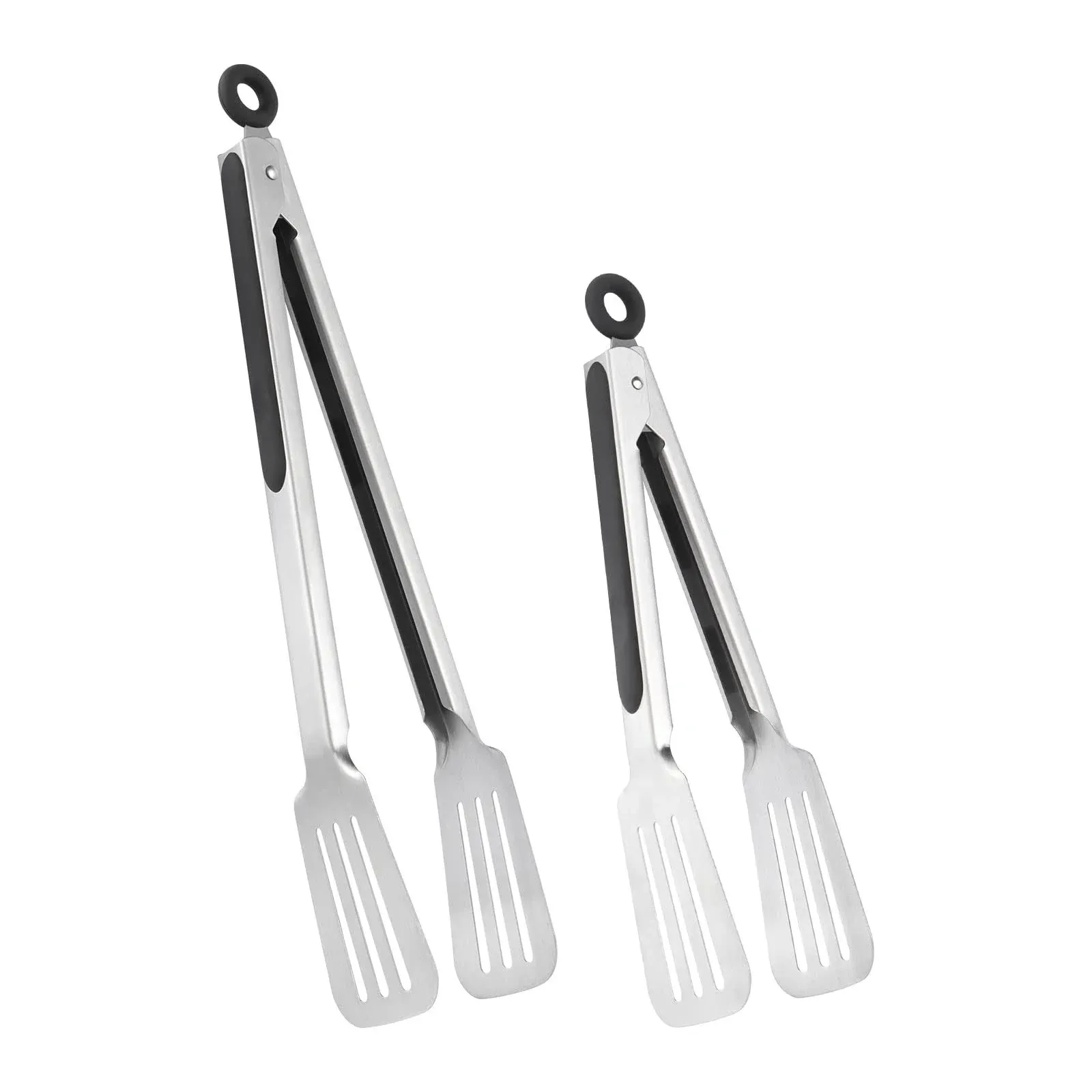 Metal Tongs for Cooking, Set of 2 Stainless Steel Spatula Tongs for Grilling, Cooking and Flipping, Strong Grip for Ribs, Steak and Fish, Comfortable Grip, Easy Pull Lock, 9 inch & 12 inch