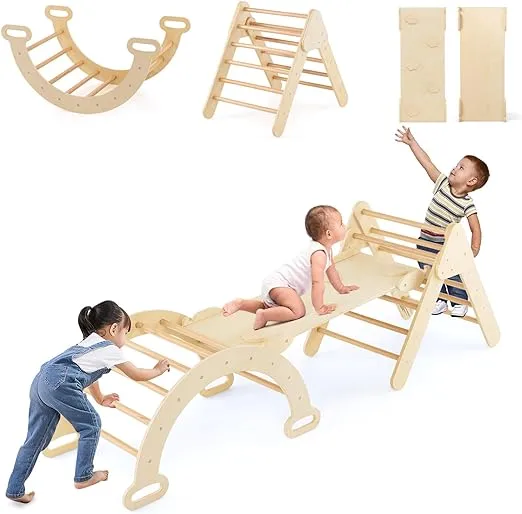 INFANS Climbing Toys for Toddlers, 5 in 1 Kids Wooden Montessori Triangle Set Climber Toy, Indoor Climb Activity