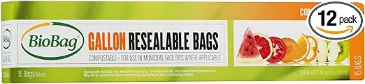 BioBag 100% Certified Compostable Resealable Food Storage Bags, 180 Count, Gallon, Perfect for Refrigerator or Freezer