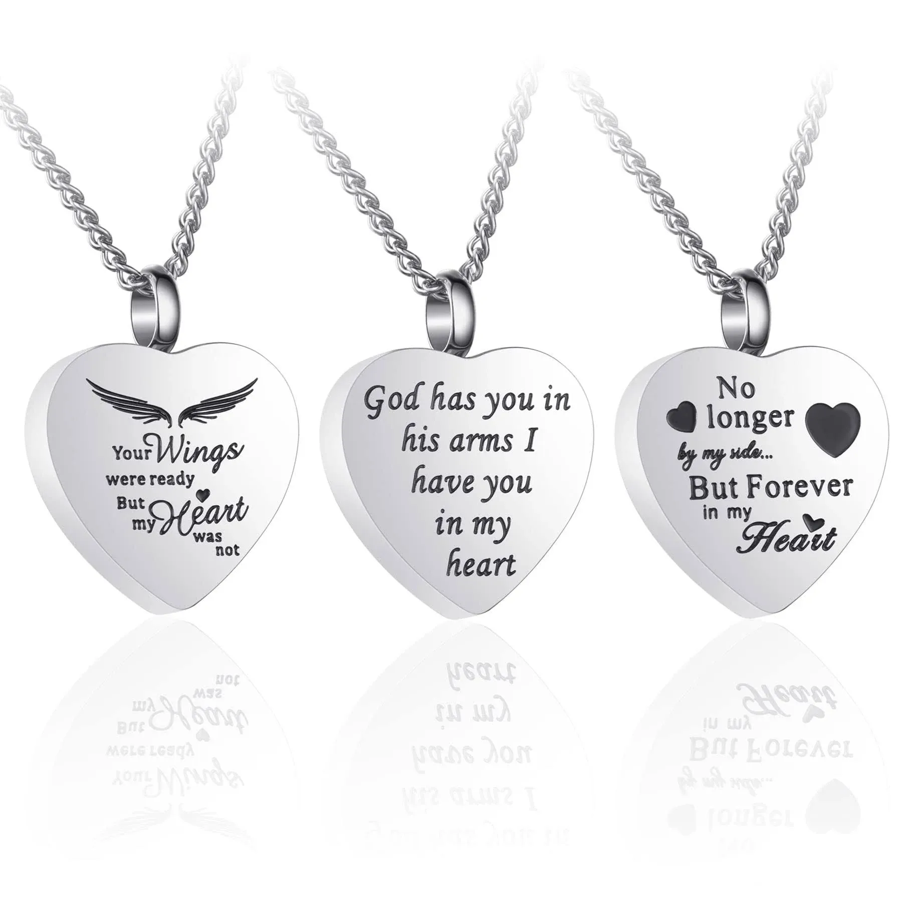 3 Pack Urn Necklace for Ashes Memorial Cremation Jewelry Ashes, Heart Silver Locket Stainless Steel Urns Pendant Keepsake with Different Words & Funnel Kit Bag