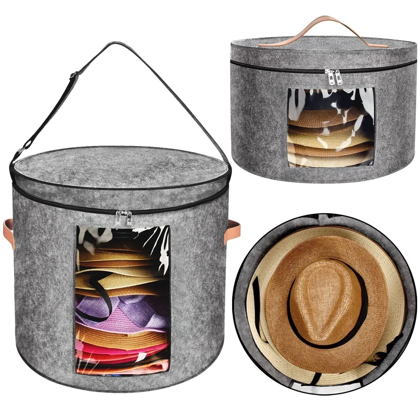 CAPHONT 2 Pack Hat Boxes Storage for Women & Men, Stackable Round Brim Hats Organizer Bag, Hat Storage Box with Lids, Foldable Felt Hat Case