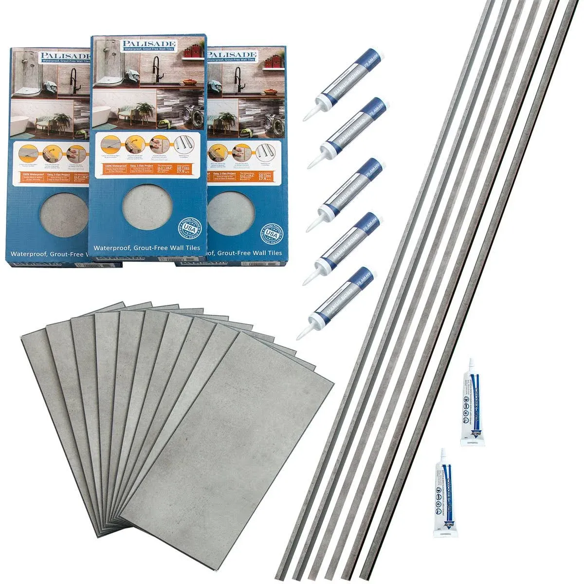 Palisade 23.2 in. x 11.1 in. Interlocking Vinyl Tile Shower and Tub Surround Kit in Frost Nickel