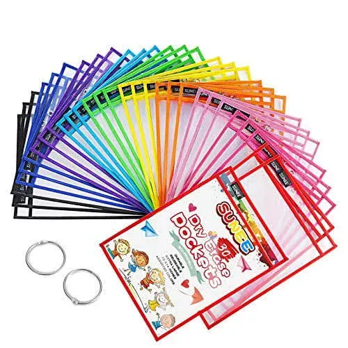 SUNEE 30 Packs Oversized Reusable Dry Erase Pocket Sleeves with 2 Rings, 10 Asso