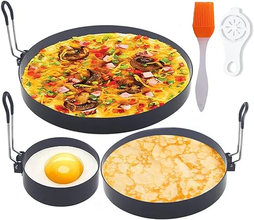 8" Omelette Ring,6" Pancake Ring,4" Griddle Egg Ring,Non-stick Stainless Steel Egg Cooker Omelet Ring Set(Upgrade Large 3 Packs Egg Cooking Rings for Griddle Frying Egg with Oil Brush & Egg Separator)