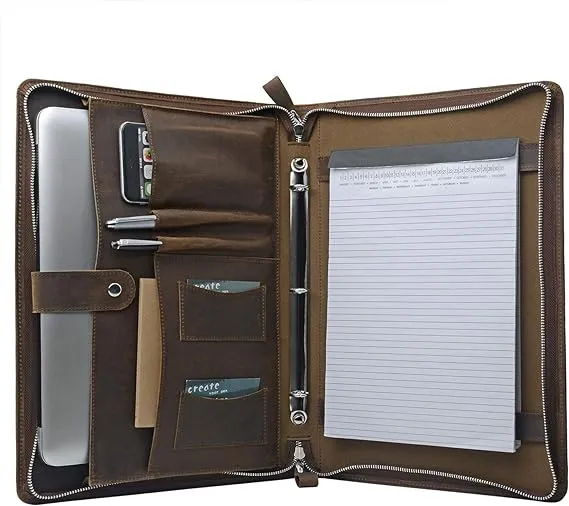 Rustic Leather Organizer Laptop Portfolio with 3-Ring Binder for 13 inch Surface Book / MacBook Air, Brown, Size: 15-inch Surface Book / MacBook