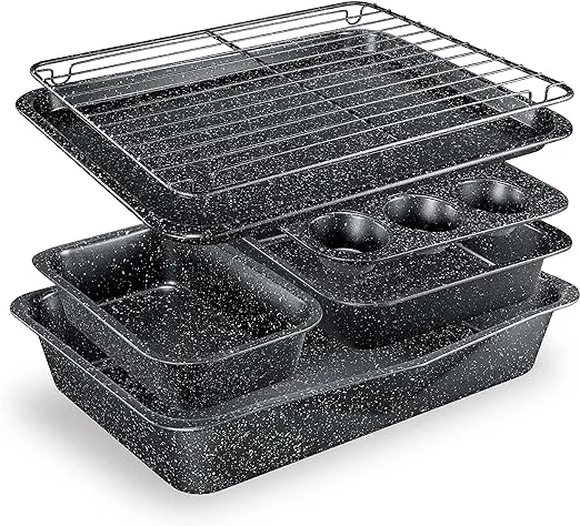 Granitestone Black 6 Pc Stackable Nonstick Bakeware Set With Oven Pans, Baking Sheet, Wire Rack - Complete Kitchen Baking Set, Oven and Dishwasher Safe, Saves up to 50% More Space