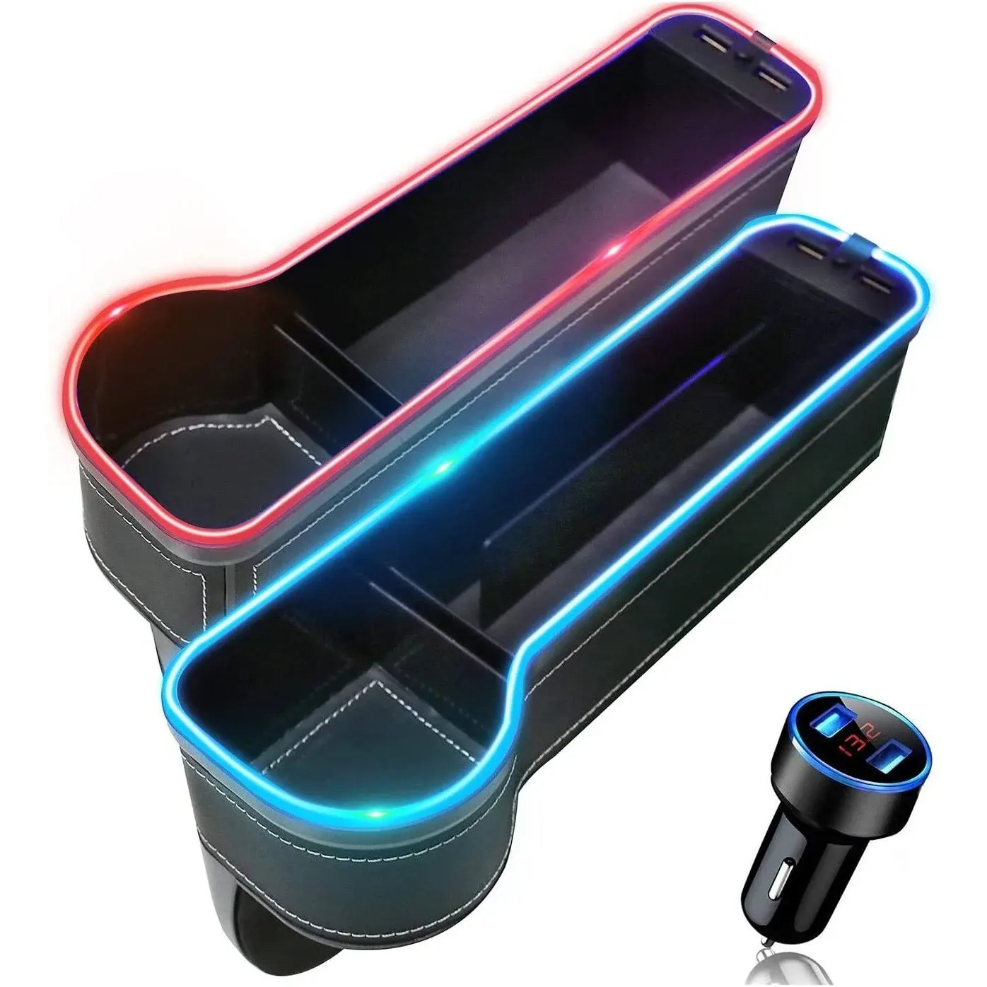 Tutor Auto Car Seat Gap Filler Organizer with RGB Color Changing Light Strip & Fast Charger, Car Gap Filler with Cup Holder for Truck Car Accessories (2 Pack)