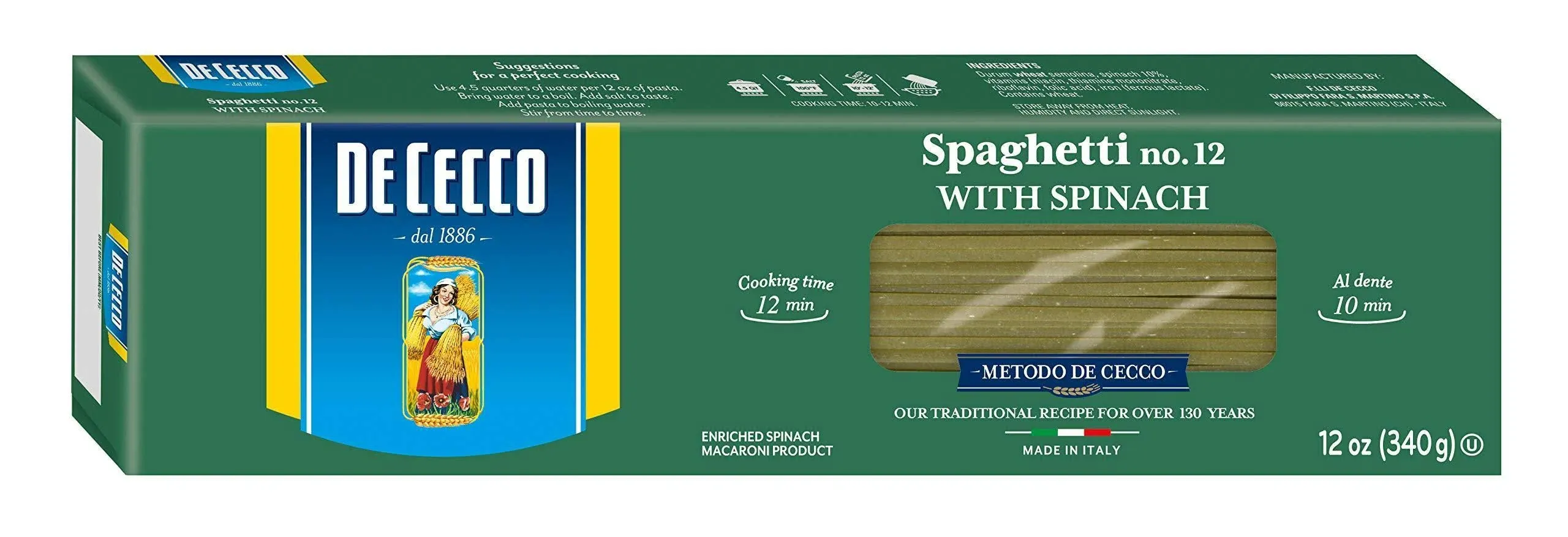 de Cecco Pasta Spaghetti with Spinach 12 Ounce (Pack of 12)