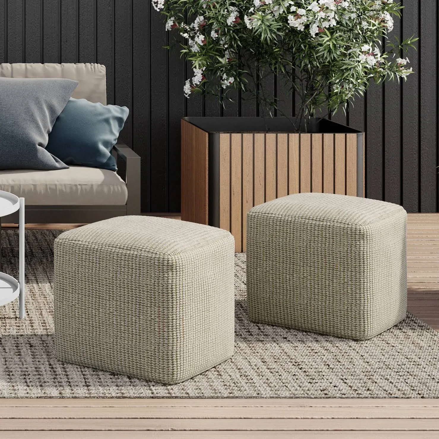 Isadora Square Woven PET Polyester Pouf Cream/Natural - WyndenHall