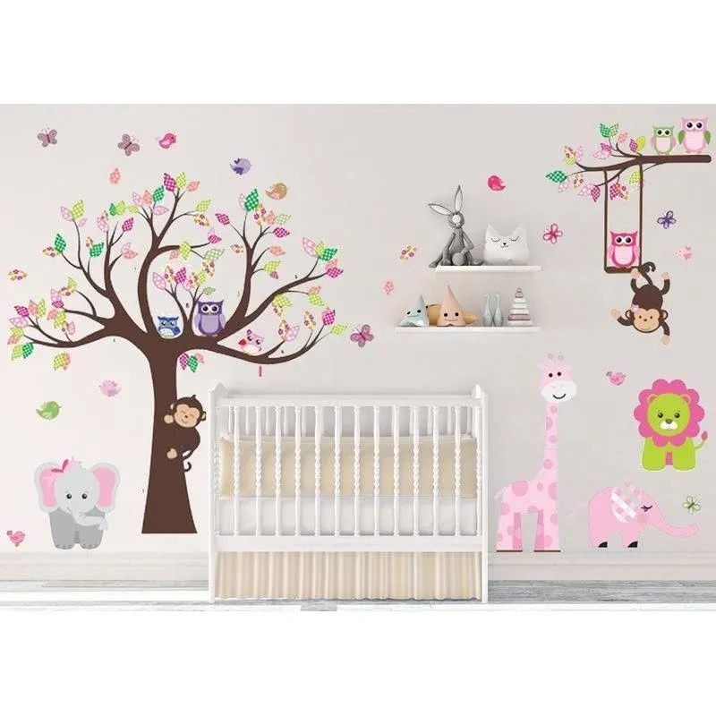 Dekosh Kids Pink Jungle Theme Peel & Stick Girl Nursery Wall Decal, Colorful Owl ...