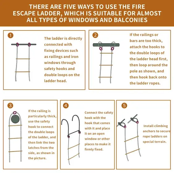 2.5M Safety Balcony Fire Escape Ladder with Hooks Carabins | 1 Story for Adults and Kids |Reusable Multi-use for Treehouse|Weight Capacity up to 2000 lb 8ft