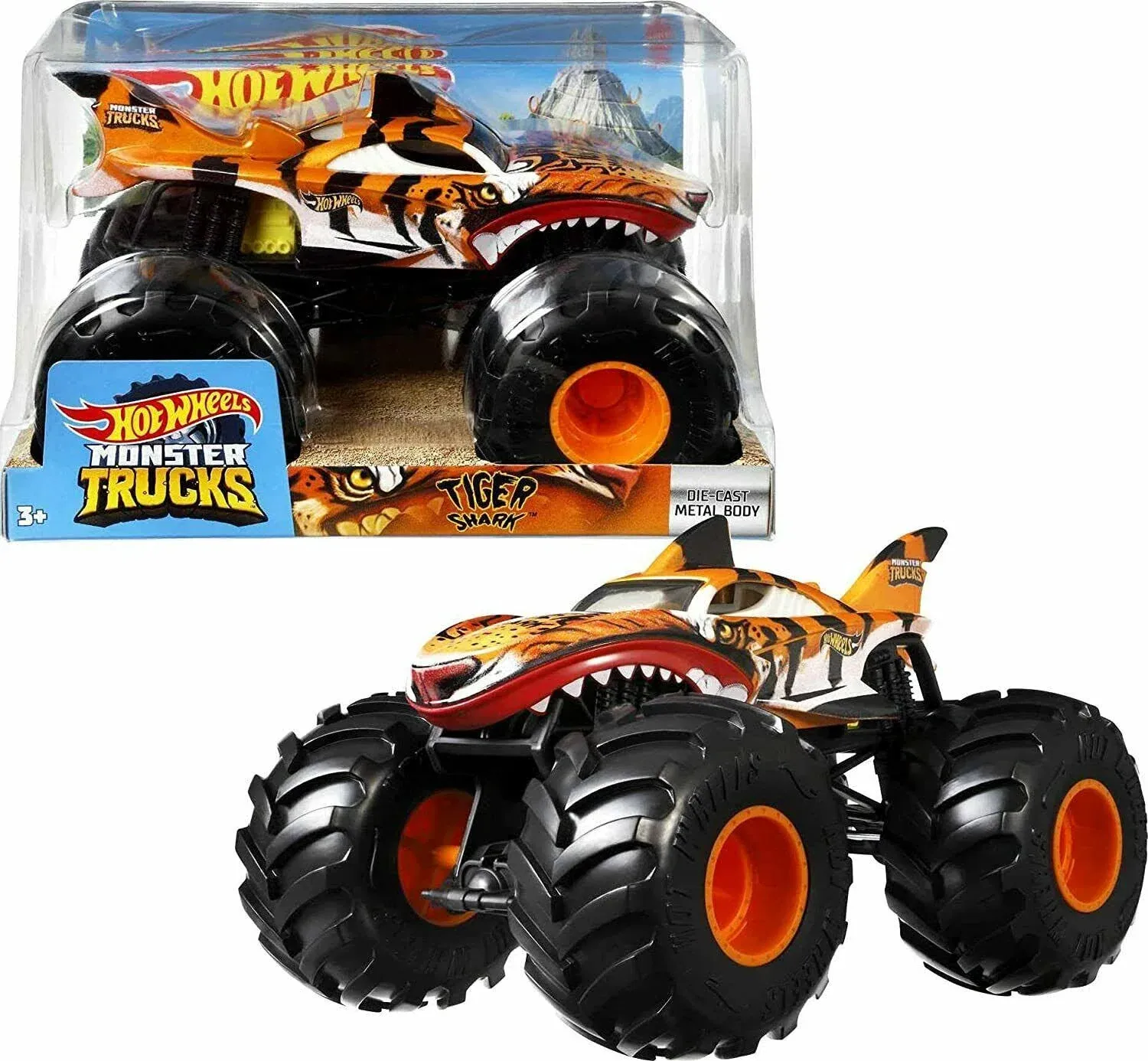 Hot Wheels Monster Jam Zebra Shark Die-Cast Metal Body Giant Wheels Truck *New*