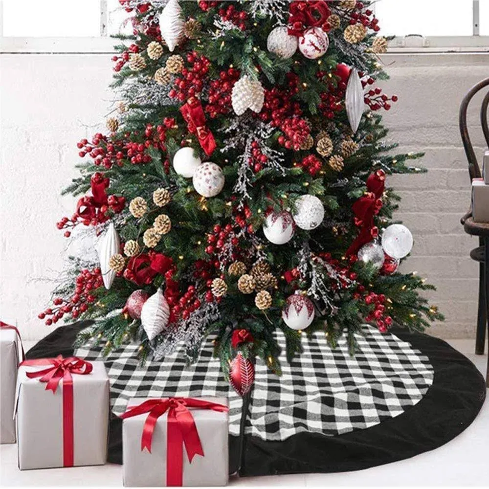 Black and White Buffalo Plaid Check Christmas Tree Skirt 48 inches, Country Xmas Tree Decorations Tree Skirts Double Layers Holiday Ornaments