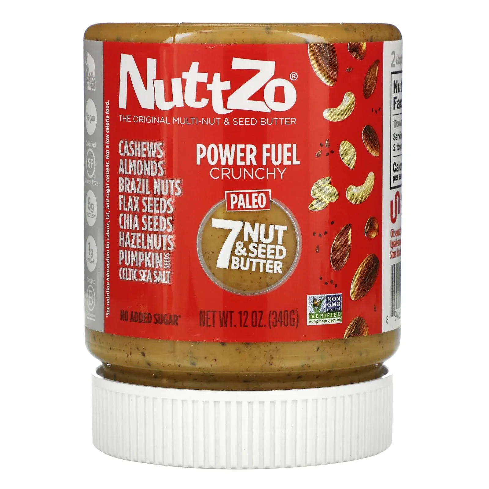 Organic NuttZo Power Fuel Crunchy Mixed Nut Butter Spread | Cashews Almonds Brazil Nuts Flax Seeds Chia Seeds Hazelnuts Pumpkin Seeds | No Peanuts | Paleo Gluten Free Vegan Kosher| 1g Sugar, 6g Protein | 12 oz