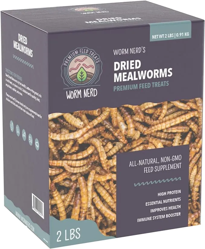 Worm Nerd WN59 2lb Dried Mealworms Non-GMO High Protein and Fiber Treat for Chickens, Birds, Reptiles, Amphibians, Fish