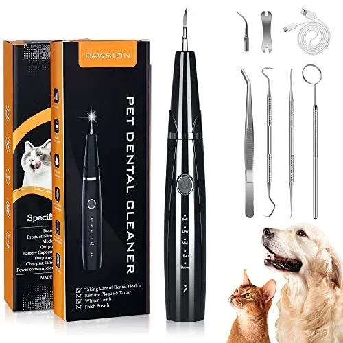 Ultrasonic Dog Plaque and Tartar Remover, Teeth Cleaning Kit for Pets, Rechargeable Dental Scraper for Pets, 5 Modes with 3 Cleaning Heads, with LED Light