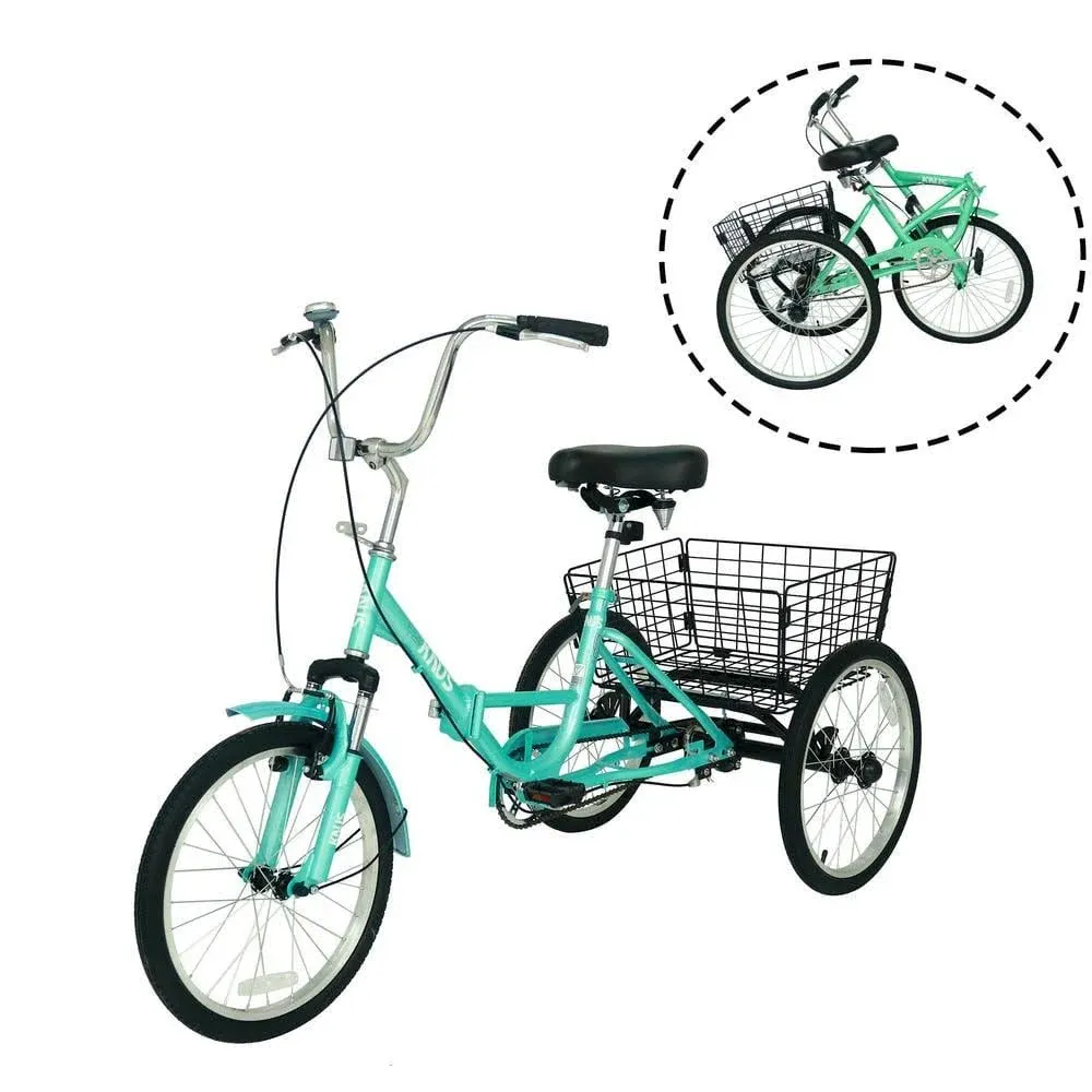 20 in. 3 Wheel Adult Foldable Tricycle, Teal Blue Bicycle with Shopping Basket, Blues