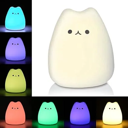 Litake LED Cat Night Light, Battery Powered Silicone Cute Cat Nursery Lights with Warm White and 7-Color Breathing Modes for Kids Baby Children (Mini Celebrity Cat)