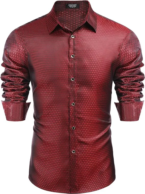 COOFANDY Men's Luxury Dress Shirt Long Sleeve Prom Wedding Party Shiny Button ...