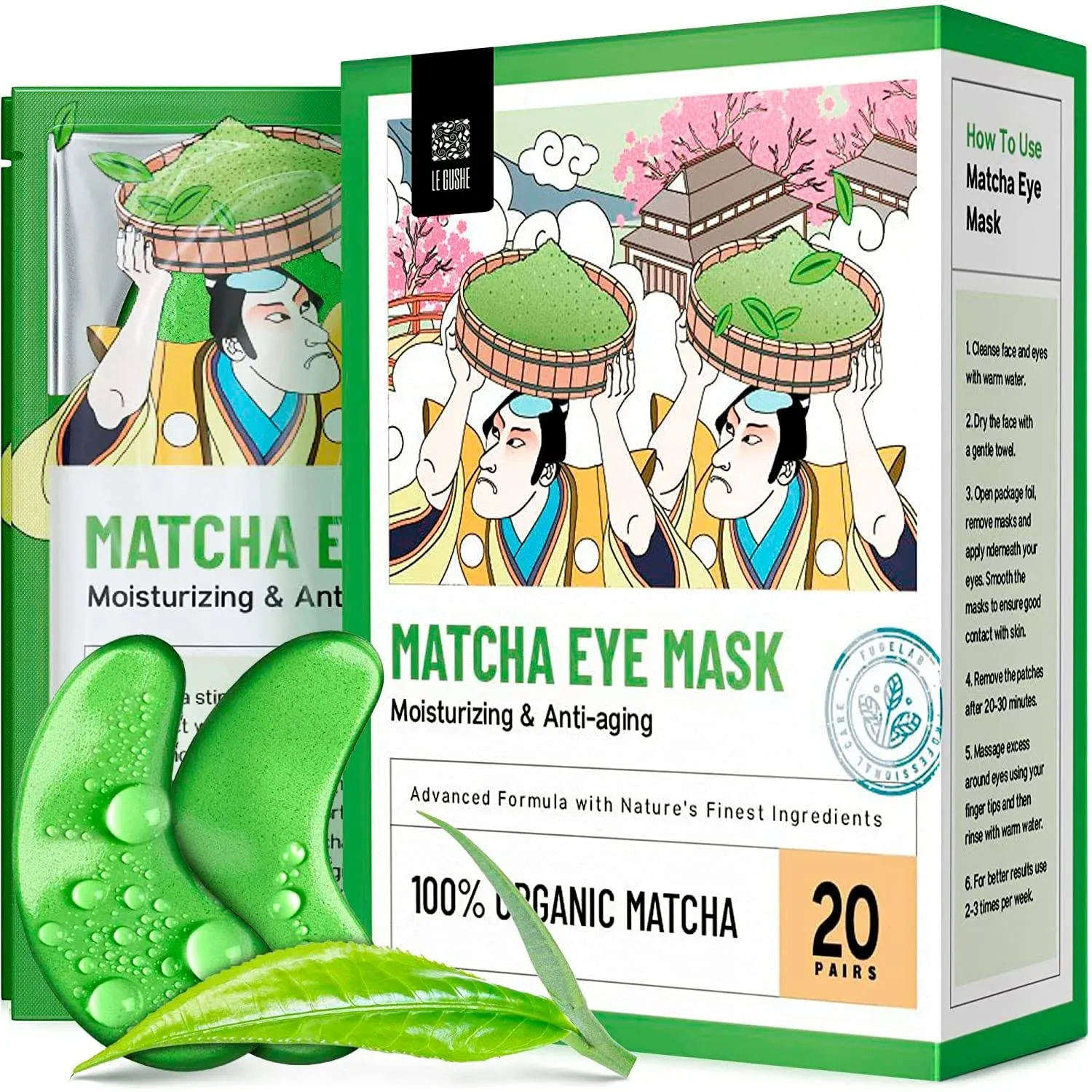 LE GUSHE Under Eye Mask & Under Eye Patches (20 Pairs) - Green Tea Eye Mask with Amino Acid, Cooling Eye Care for Wrinkles, Puffy Eyes & Dark Circles, Brightening Skincare