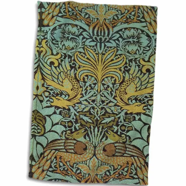 3D Rose Image of William Morris Peacock & Dragon in Gold & Aqua Hand Towel, 15" x ...