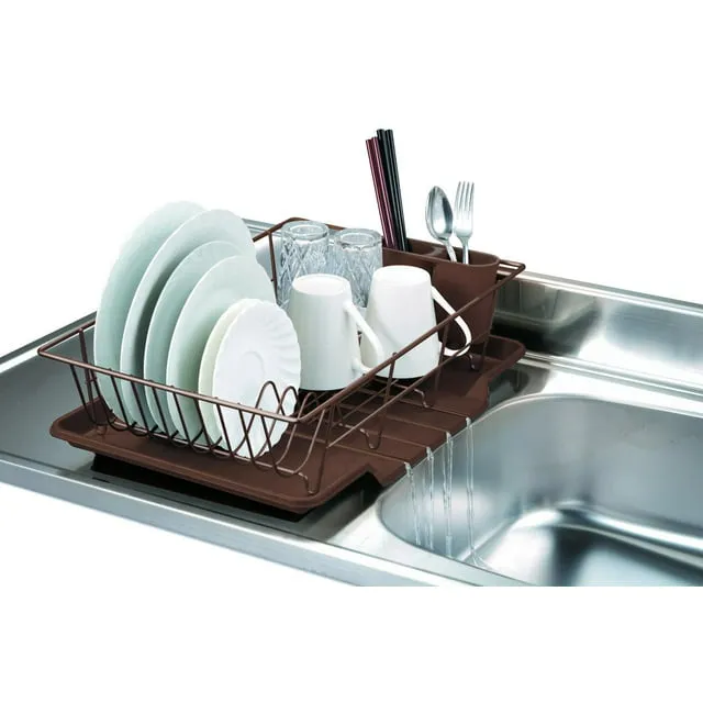 Home Basics 3 Piece Rust-Resistant Vinyl Dish Drainer with Self-Draining Drip Tray, Brown, Size: 19 x 12 x 5