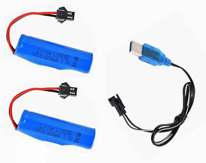 2 Pack 3.7V 600mAh Li-Ion Rechargeable Battery 1450cell with USB Charger Cable ...