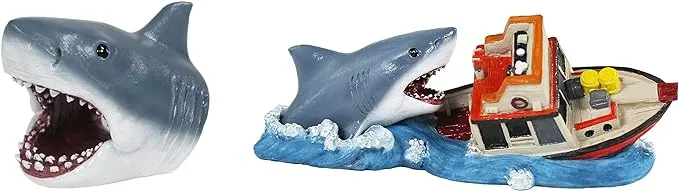 Penn-Plax Jaws Officially Licensed 2-Piece Aquarium Ornament Bundle – Comes with Boat Attack and Shark Swim-Through – Small