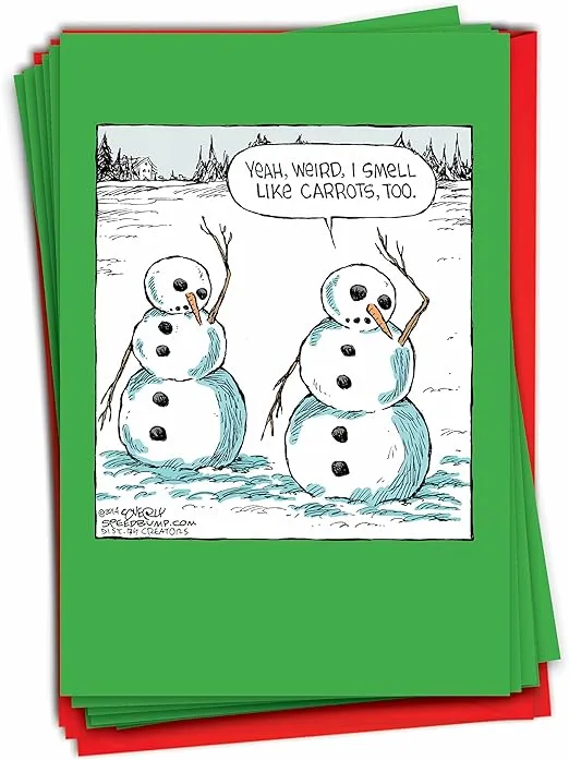 NobleWorks - 12 Cartoon Merry Christmas Cards - Funny Holiday Humor Greetings, Boxed Notecard Set with Envelopes (1 Design, 12 Cards) - Carrot Smell Happy Holiday B2523HHG