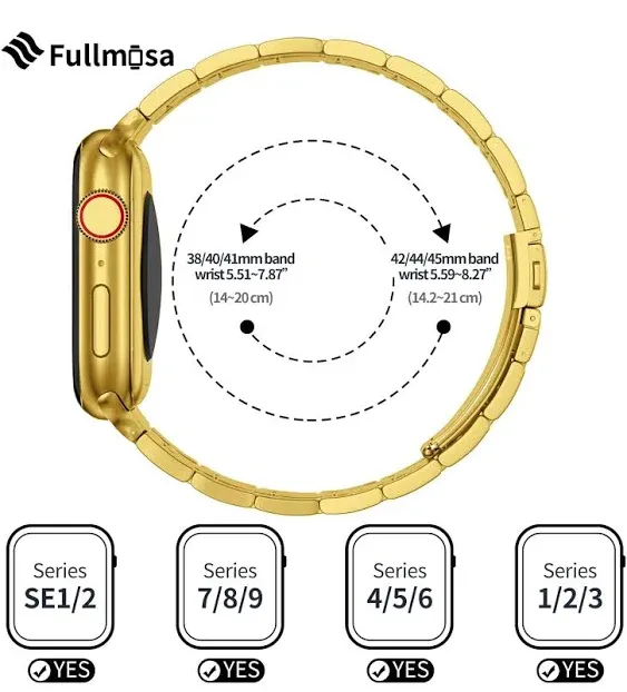 Fullmosa No Tools Needed Compatible Apple Watch Bands 41mm 40mm 38mm,Slim Stainless Steel Chain Strap with Case for iWatch Series 9/8/7/6/5/4/3/2/1/SE2/SE,Golden