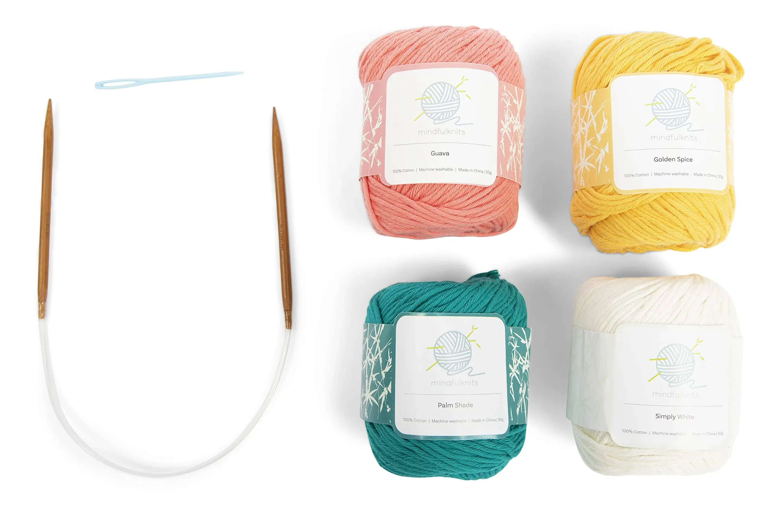 mindfulknits - Beginners Washcloth Knitting Kit - Includes 100% Cotton Knitting Yarn + Circular Knitting Needles & Yarn Needle (Flora Colored Cotton Yarn) - Mindful Crafting Kit