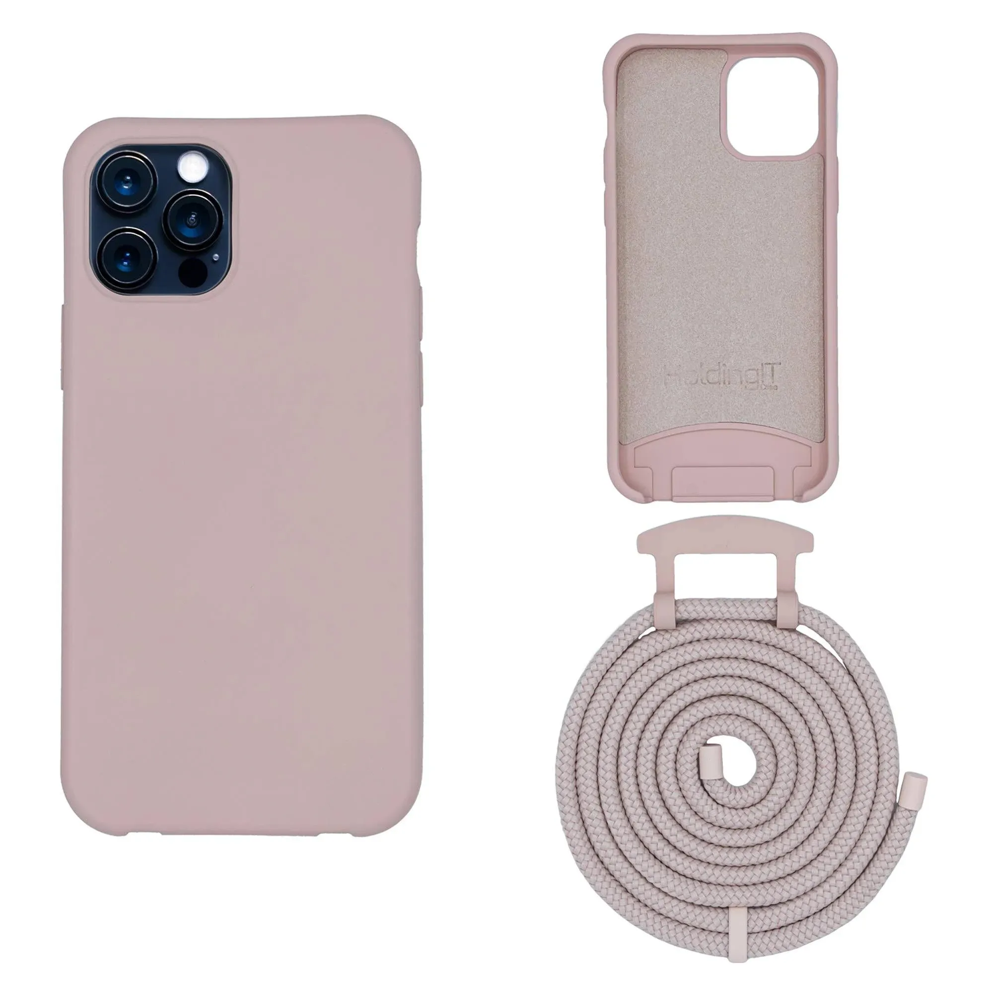 HoldingIT Crossbody Phone Case with Detachable Lanyard Compatible with iPhone 12/12 Pro, 2-in-1 Hands Free iPhone Cover with Drop Protection, Adjustable Rope Pink