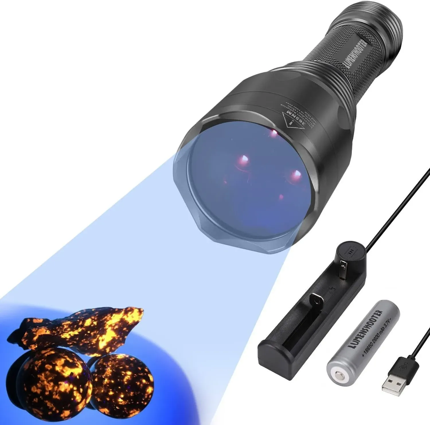 LUMENSHOOTER S3 365nm UV Flashlight with 3 LEDs Rechargeable Black Light Torch for Resin Curing