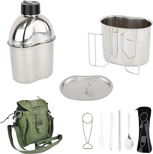 MASTIFF GEARS® 304 (18/8) Stainless Steel (FDA Compliant) US G.I Style Canteen Kit Cooking Set Camping Canteen Mess Kit with Cup, Lid, MOLLE Pouch for Camping Hiking