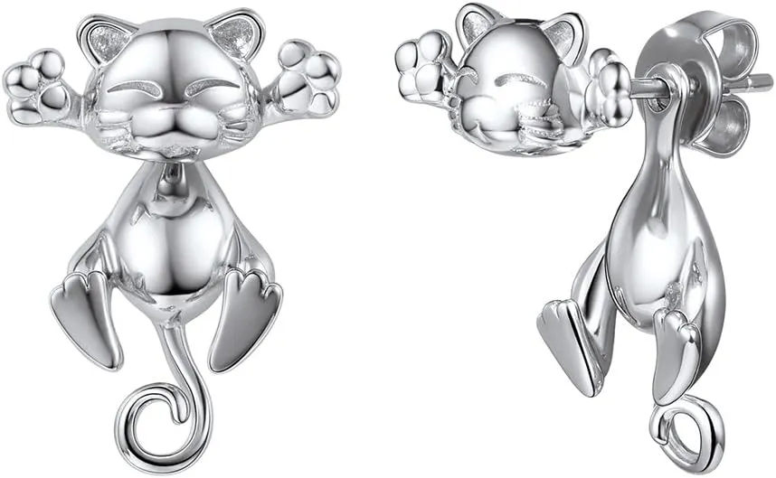 SILVERCUTE 925 Silver Cute Cat Earrings Stud Solid Sterling Jewelry Kiss Me Hug ...