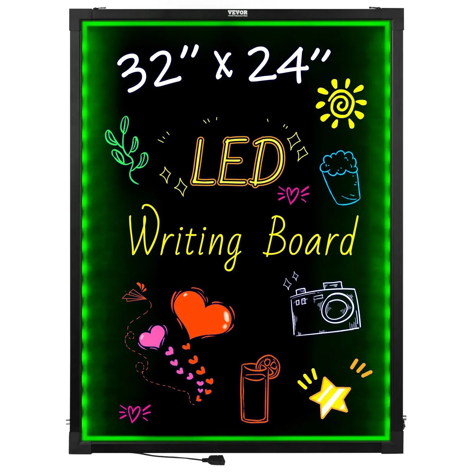 VEVOR LED Message Writing Board 32"x24" Illuminated Erasable Lighted Chalkboard Neon Effect Menu Sign Board Drawing Board with 8 Fluorescent Chalk